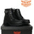 Women's Black Motorcycle Boots W/ Zipper view of side angle of pair of boots on box they come in and milwaukee riders logo