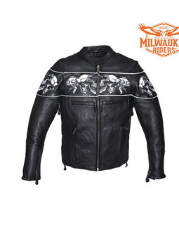 Men's Leather Concealed Carry Leather Jacket with Reflective Skulls By Milwaukee Riders®