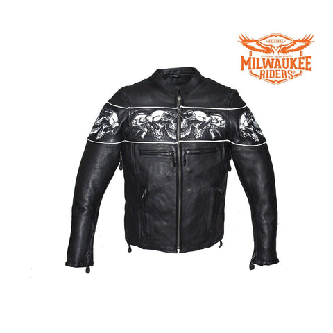 Men's Leather Concealed Carry Leather Jacket with Reflective Skulls By Milwaukee Riders®