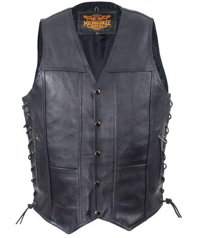 Mens 10-Pockets Plain Leather Vest