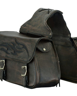 distressed brown leather saddlebag with tribal flames