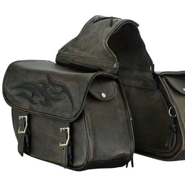 distressed brown leather saddlebag with tribal flames