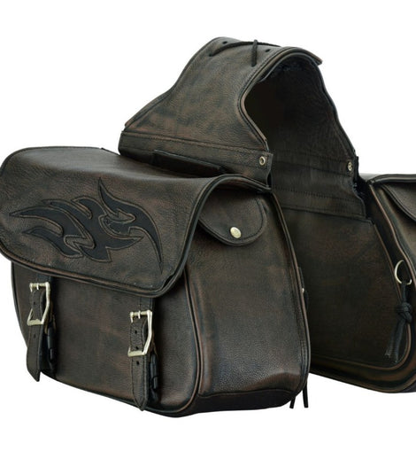 distressed brown leather saddlebag with tribal flames