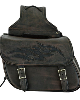 distressed brown leather saddlebag with tribal flames side view showing tribal flames