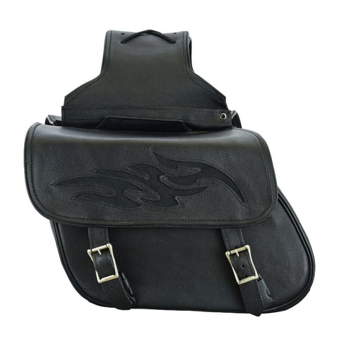 distressed black leather tribal flame saddlebags side view