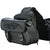 distressed black leather saddlebags featuring tribal flames side angle view of flames