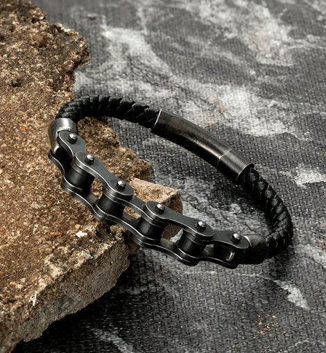 Mens Vintage Braided Genuine Leather Stainless Steel Motorcycle  Bracelet